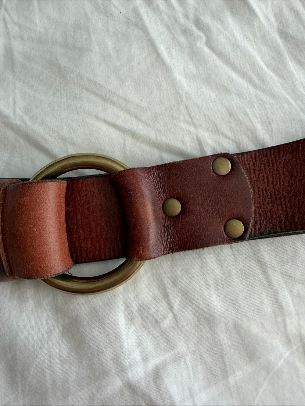 Lands End Genuine Brown Leather Belt with Brass Ring Hardware - Picture 4 of 10